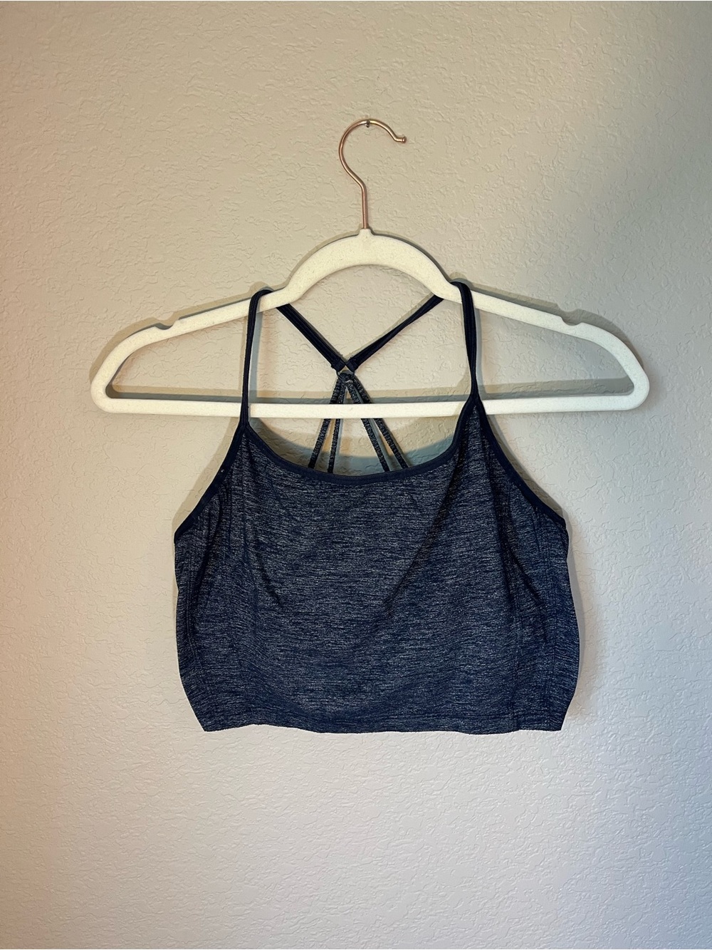 Athleta Medium Strappy Sports Bra Navy Heather Racerback Yoga Workout Athletic